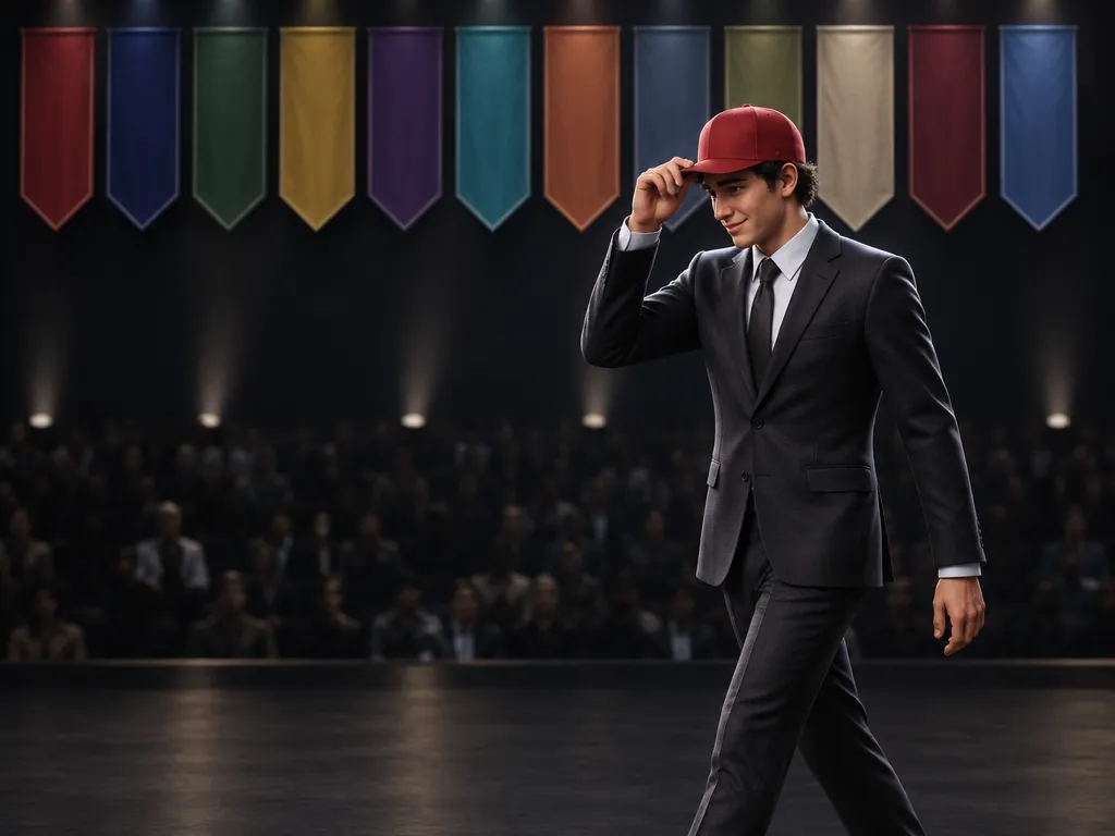 Rookie berjas gelap berjalan di panggung draft sambil memasang topi merah polos, dua belas panji klub di dinding belakang