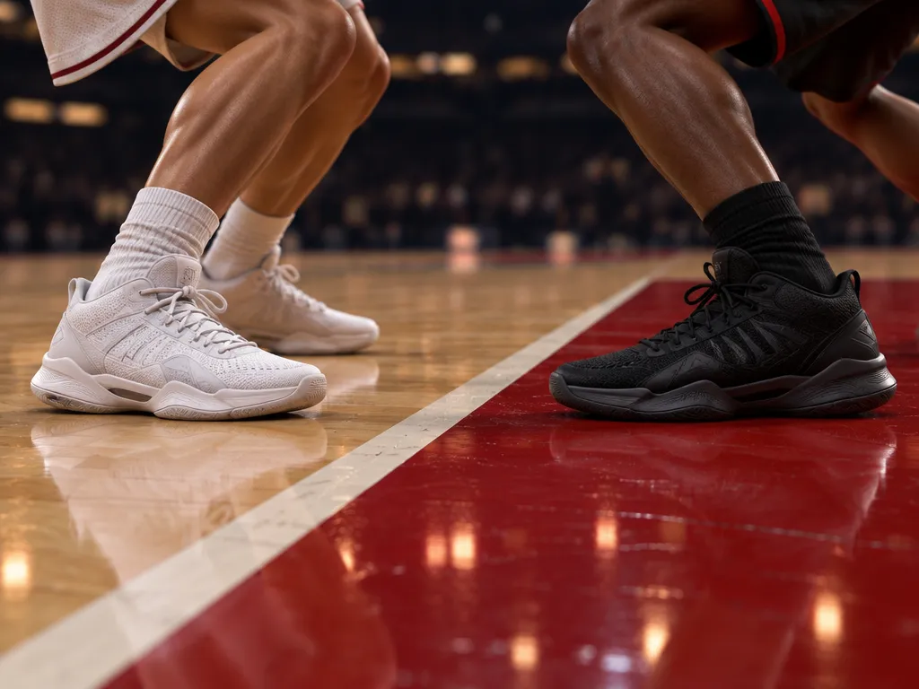 Dua pasang sepatu basket, putih dan hitam, berhadapan di kedua sisi garis area cat merah