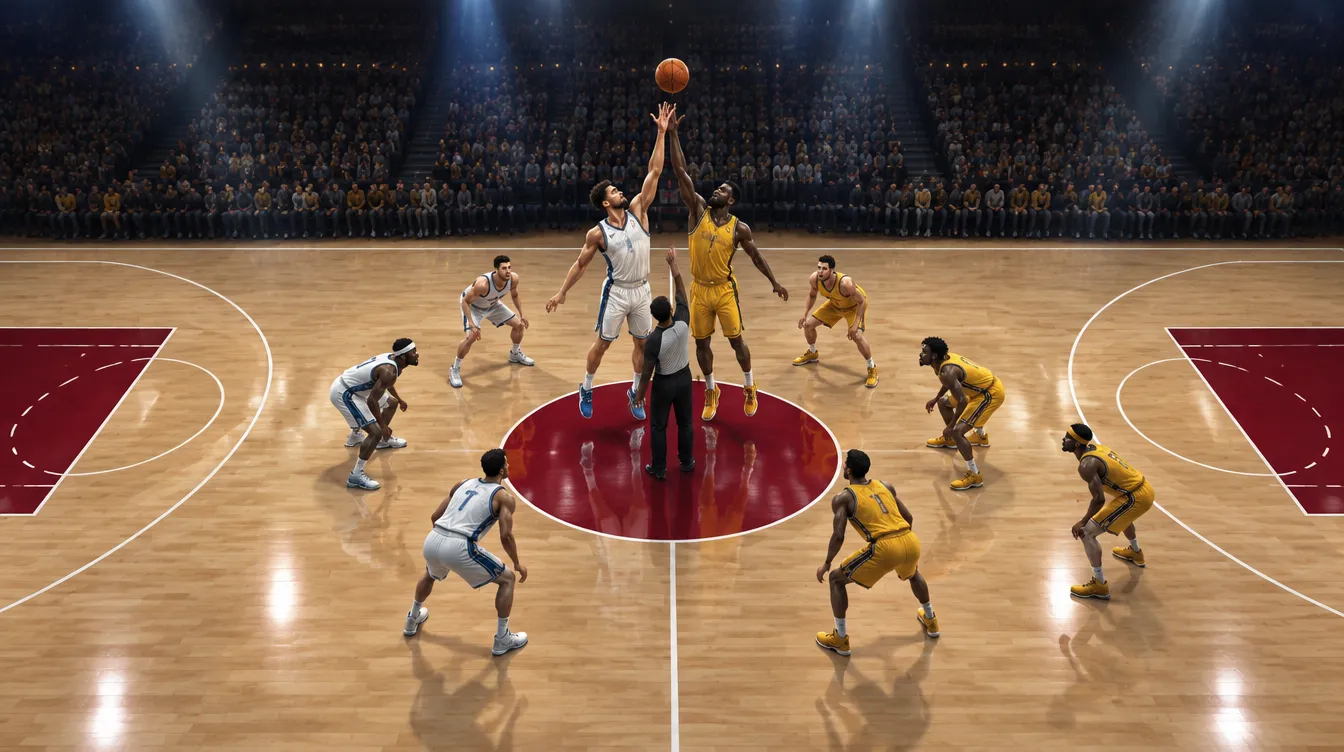 Jump ball pembuka di lingkaran tengah: dua center melompat ke arah bola, delapan pemain lain bersiap di sekelilingnya