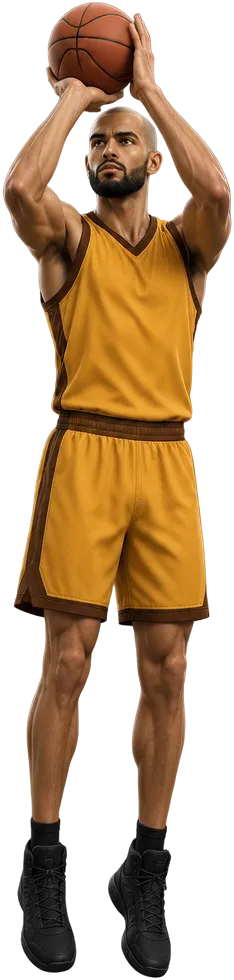Soren Malak melompat lurus untuk jump shot dengan seragam kuning emas Ostmere Lanterns, bola di atas kepala